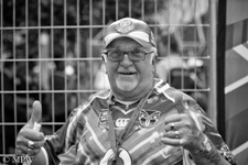 Queen Street Auckland city, Sir Peter Leach, the Mad Butcher, black and white photo by Mike Wheelton